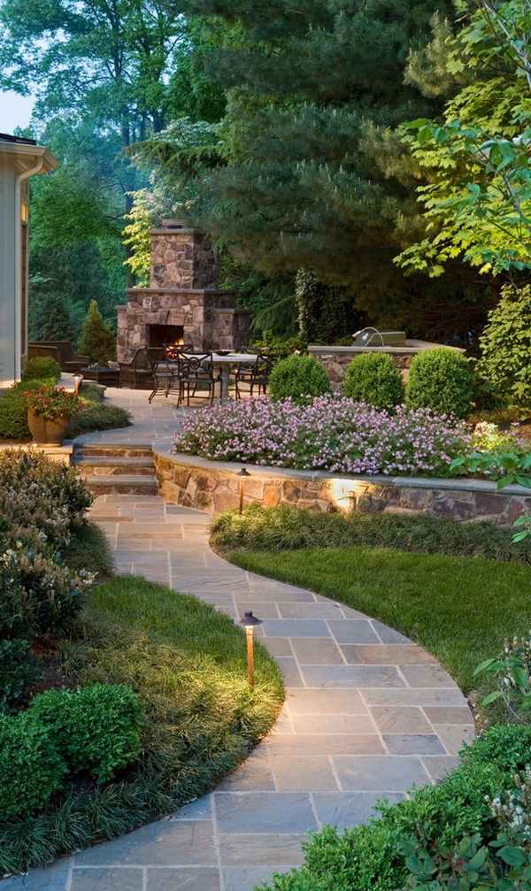beautiful landscape garden paths outdoor lighting stone fireplace