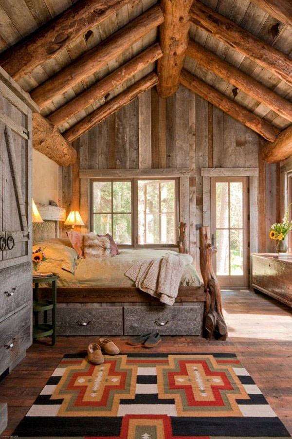 bedroom design rustic style wood beams hand woven carpet stripes pattern