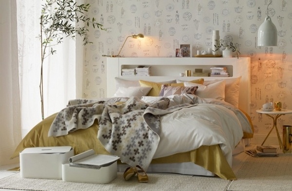 bedroom in Scandinavian style elegant gold white colors shelves bed
