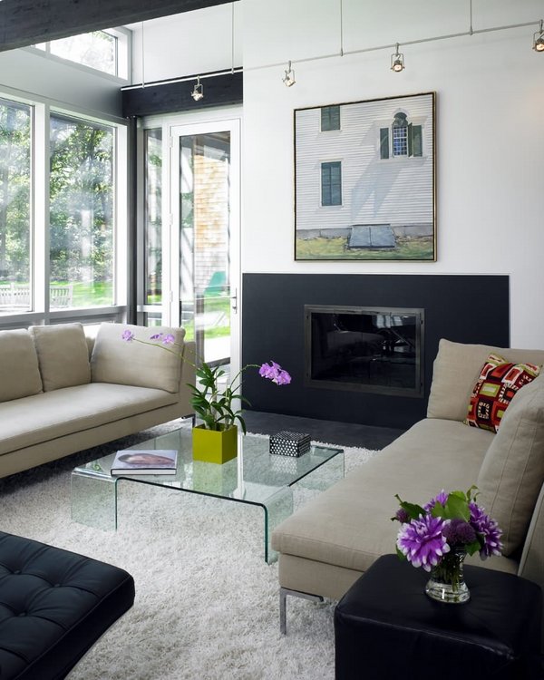 beige sofa set lucite coffee table white shaggy rug living room interior design