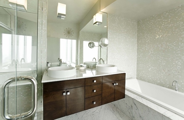 contemporary bathroom design wood vanity vessel sinks wall mirror