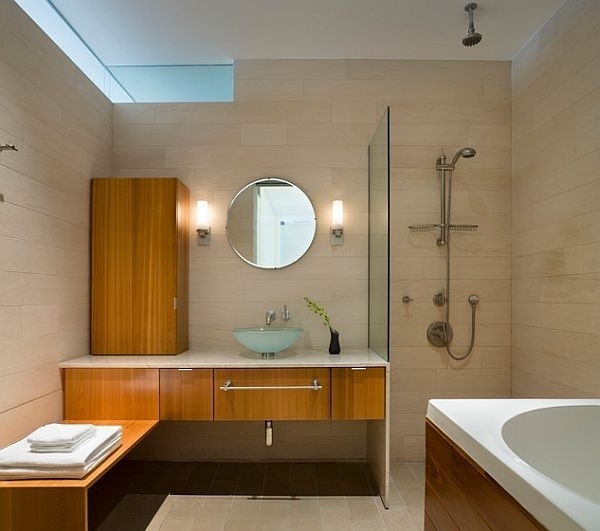 contemporary bathroom furniture wooden vanity walk in shower glass partition