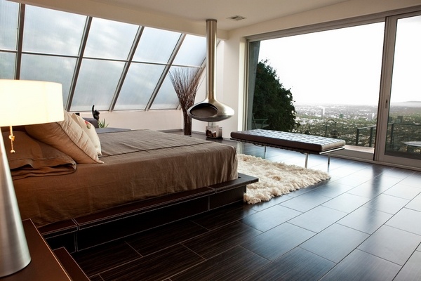 modern bedroom design suspended fireplace stainless steel