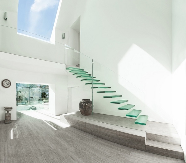 contemporary floating glass steps skylight