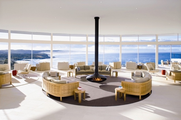 contemporary living room design hanging fireplace panorma windows 