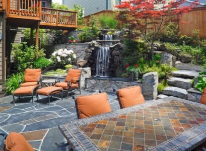 contemporary-patio-design-flagstone-patio-flooring-water-feature-waterfall