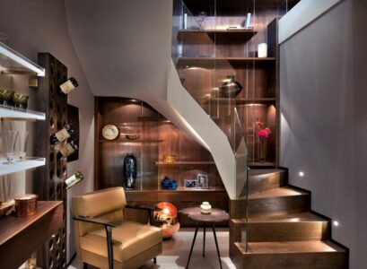 contemporary-small-basement-ideas-built-in-shevles-reading-corner