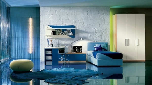contemporary teen room boy white blue colors glossy flooring