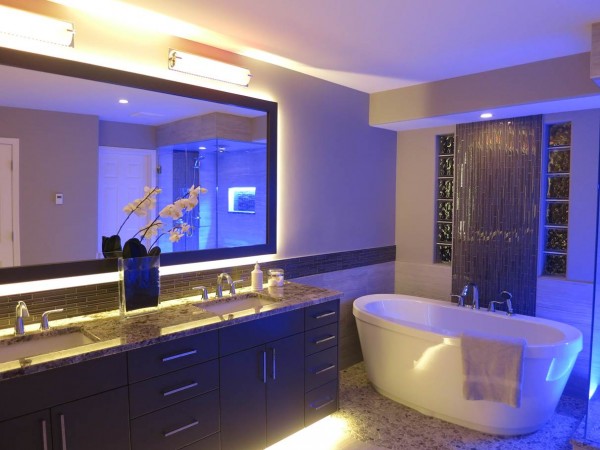 cool bathroom ideas with led ceiling light and framed mirror