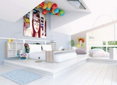 cool-teen-girls-bedroom-ideas-platform-bed-wall-posters-shelves