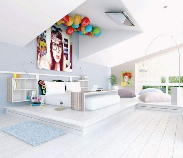 cool-teen-girls-bedroom-ideas-platform-bed-wall-posters-shelves