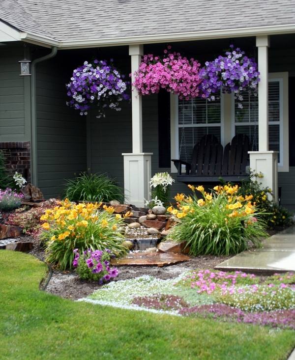 creative landscaping ideas for small front yards hanging basket planters lawn perennials porch swing