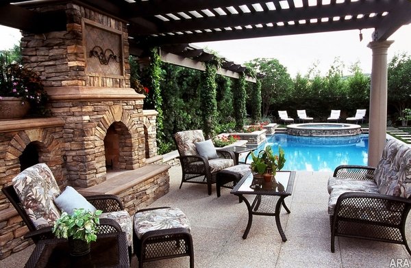 exterior ideas backyard design stone fireplace wooden pergola garden swimming pool