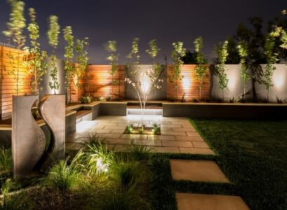 landscape-lighting-LED-lighting-garden-decor-trees-wood-fence-garden-fountains