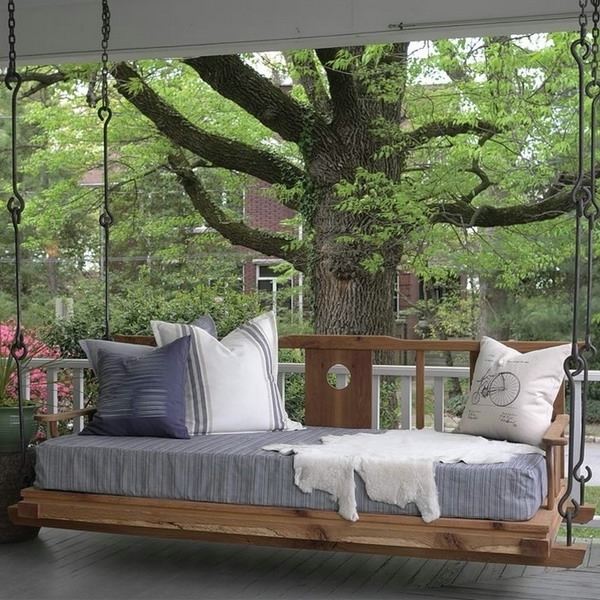 large porch swing bed wood big pillows porch decor ideas