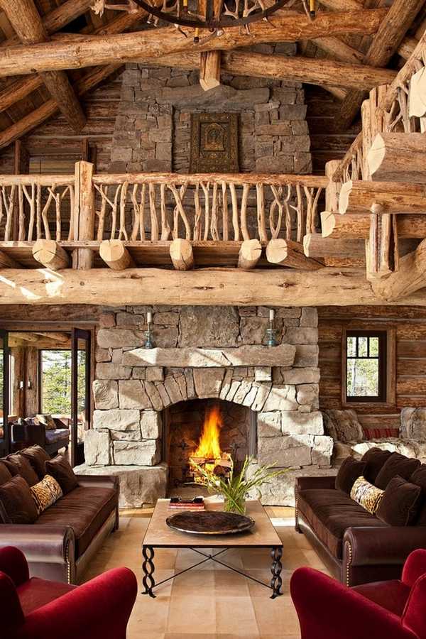 interior rustic design ideas fireplace wood banisters leather sofas