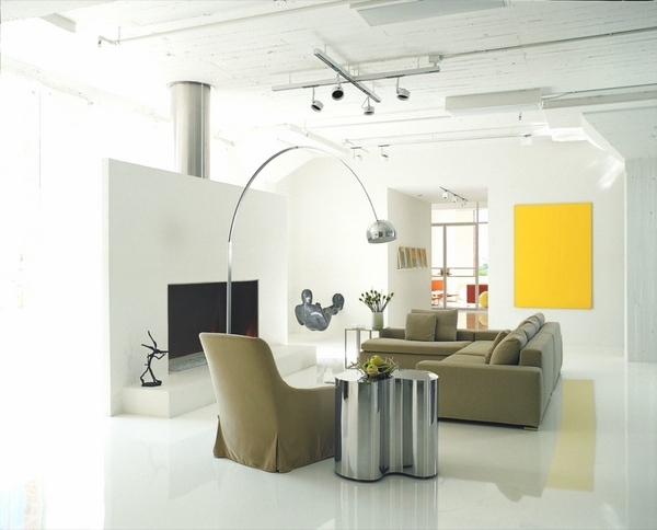 living room loft apartment minimalist interior design white walls floor modern floor lamp