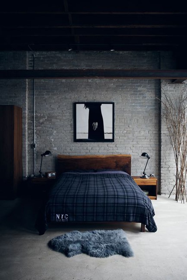 masculine bachelor pad decor gray brick wall wooden furniture