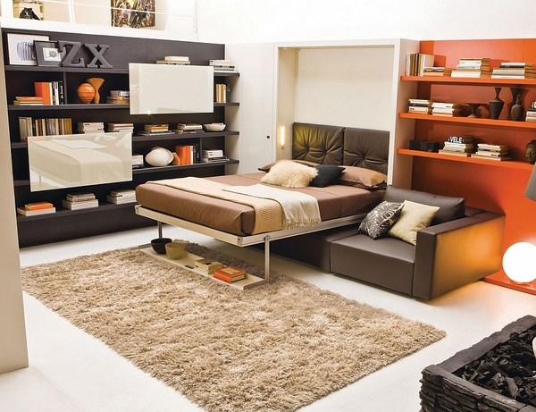 modern Murphy bed leather couch floating shelves small apartment furniture