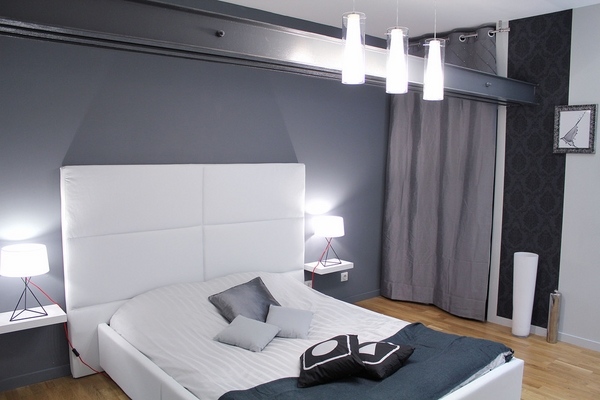  bedroom  trendy gray wall color white bed modern pendant lamps