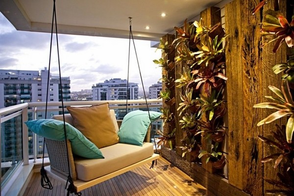 modern balcony ideas vertical garden swing decorative pillows