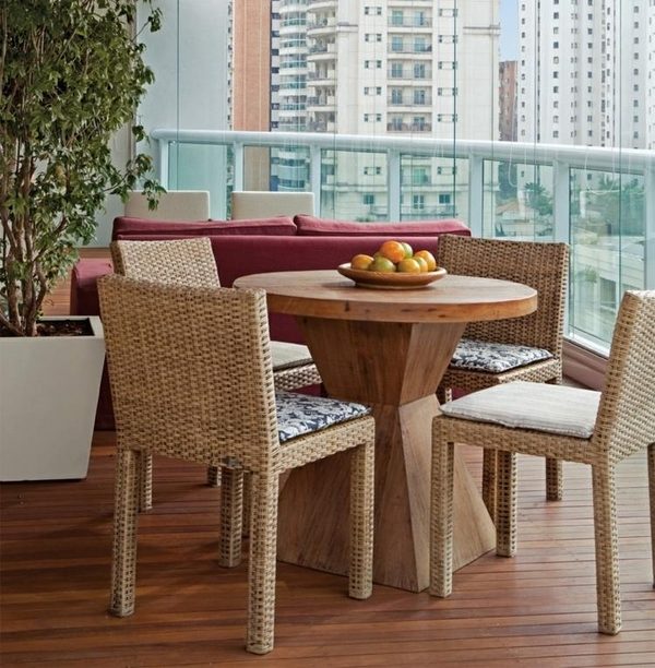 modern balcony ideas wood flooring dining furniture set planter box