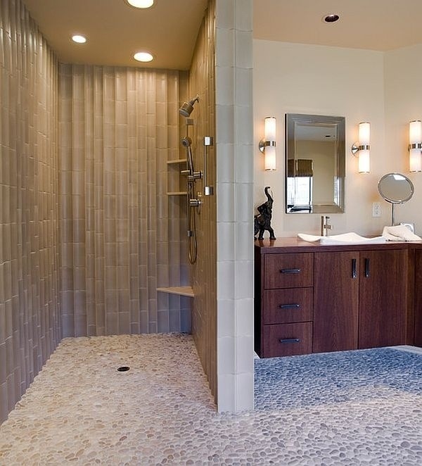 modern bathroom design ideas wooden vanity wall mirror walk in shower recessed lighting