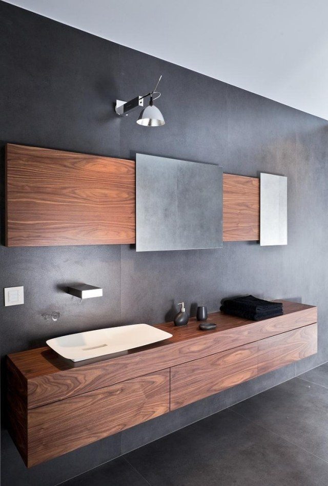 modern bathroom minimalist design gray wall color wall mounted vanity cabinet