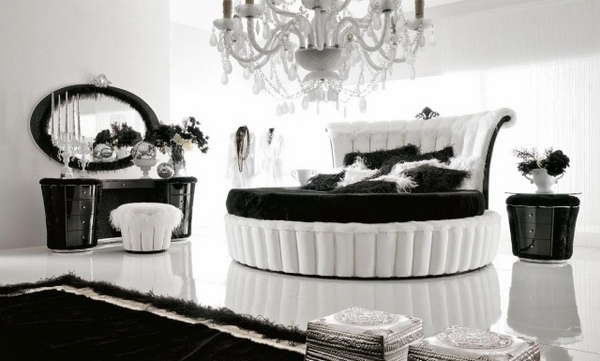 modern black white interior double round bed nice round stool spectacular chandelier