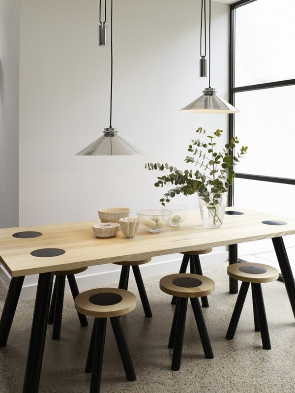 dining furniture wood table stools pendant lights
