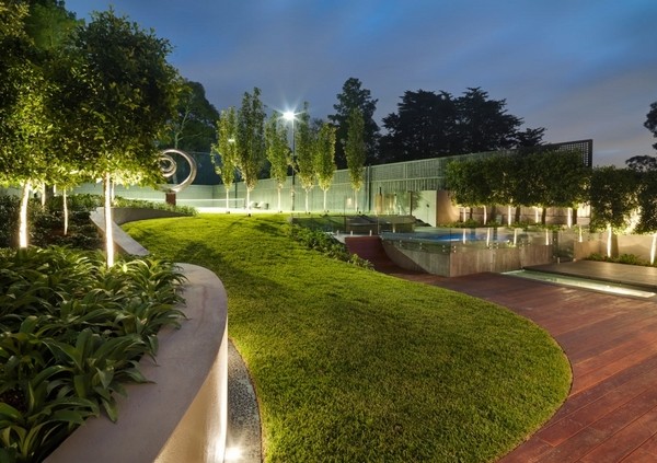 modern garden lighting ideas tree stone wall