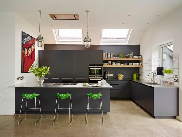 modern kitchen black kitchen green stools breakfast bar