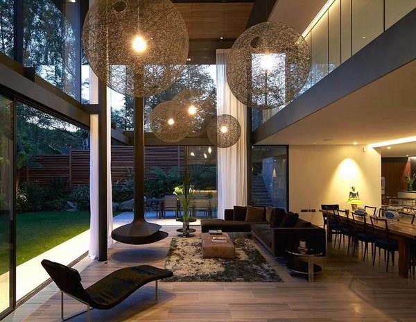 suspended fireplace modern living room lighting