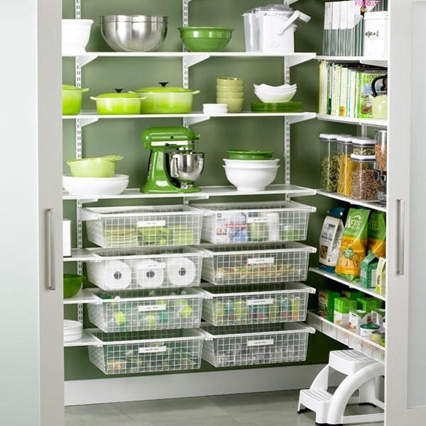 open shelves with baskets