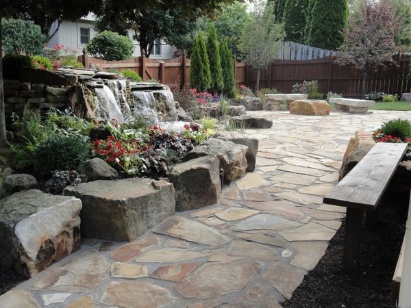 modern patio design ideas flagstone decorative rocks waterfall