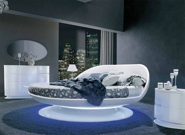 modern style bedroom round bed white furniture gray wall color