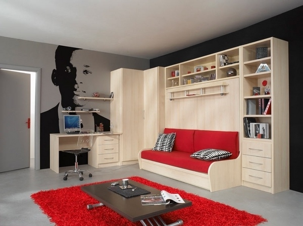 modern teen room furniture ideas murphy bed shelves desk red carpet