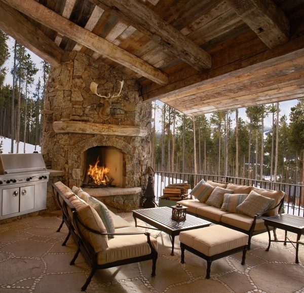 natural stone fireplace wood ceiling rustic ideas 