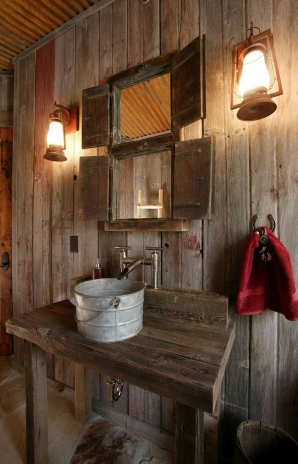 rustic bathroom interior design wooden wall lanterns wall mirror