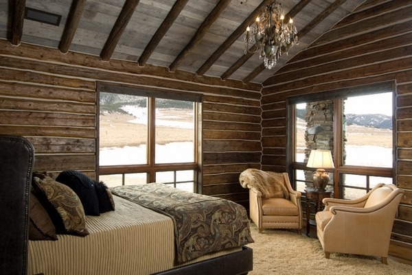 rustic ideas wooden bed upholstered armchairs