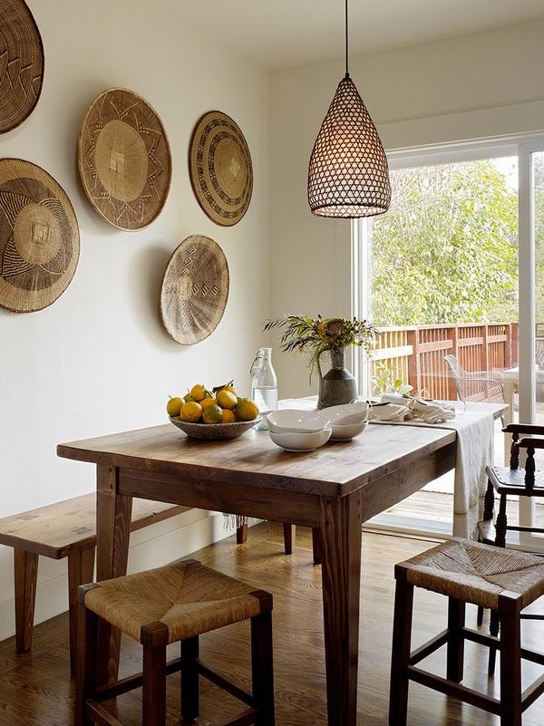 rustic dining room solid wood table rattan stools
