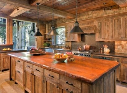 rustic-kitchen-design-solid-wood-furniture-island-pendant-lamps