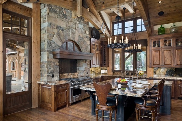 rustic kitchen design stone fireplace natural wood cabinets