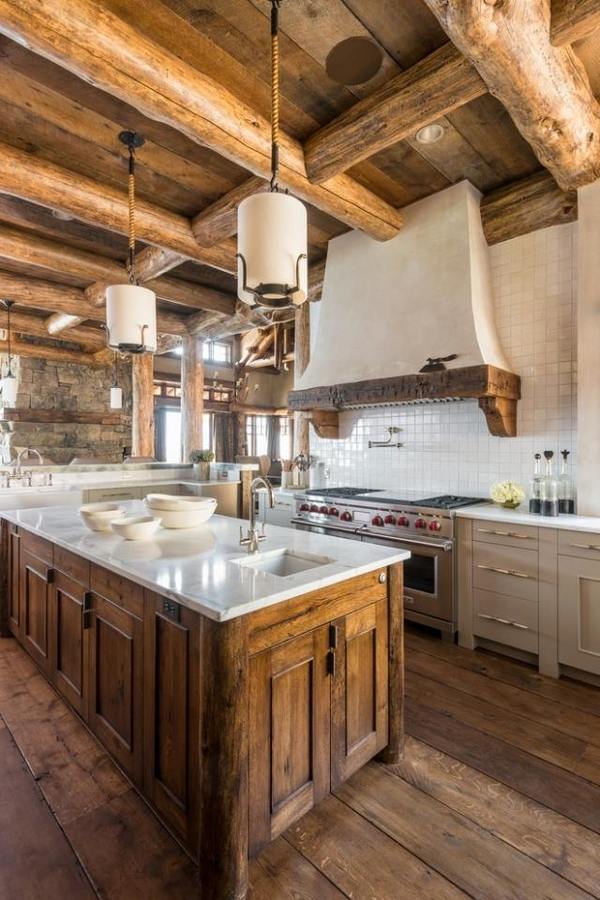 rustic kitchen design wood island exposed ceiling beams wood floor