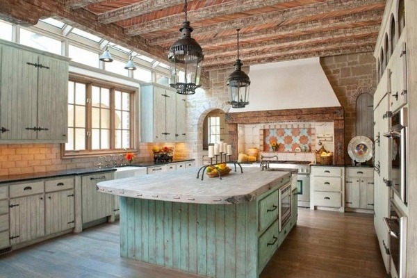 rustic wood flooring stone wall ceiling beams