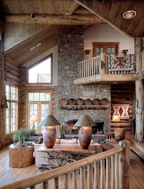 rustic living room designs stone fireplace ethnic rugs wood banisters