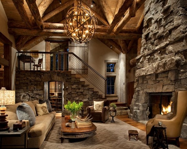 rustic furniture ideas stone fireplace sofa coffee table