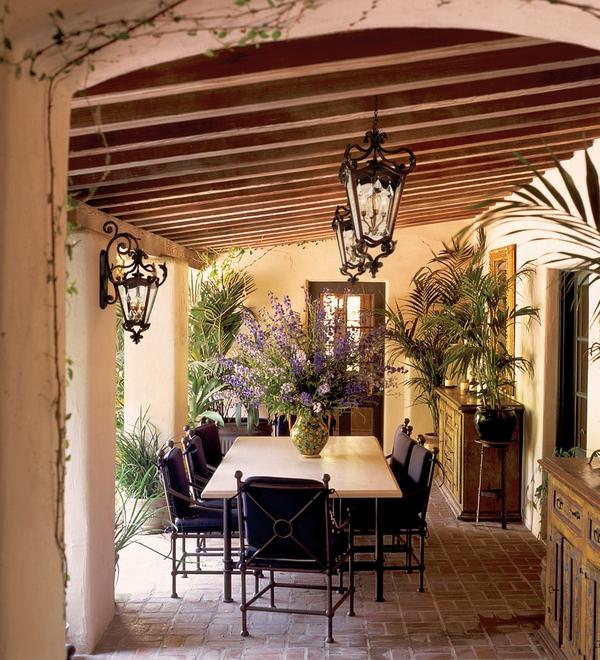 rustic outdoor lighting ideas dining furniture wrought iron chairs wall ceiling lanterns