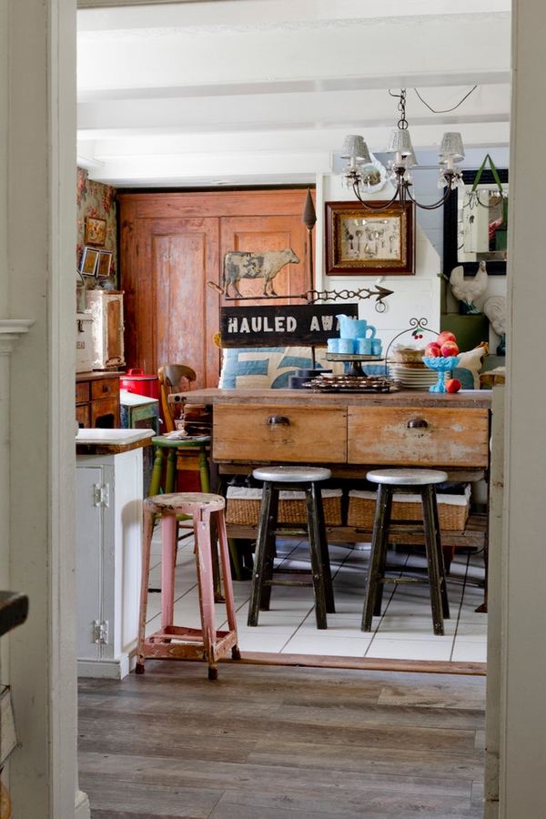 rustic style kitchen vintage table wooden stools