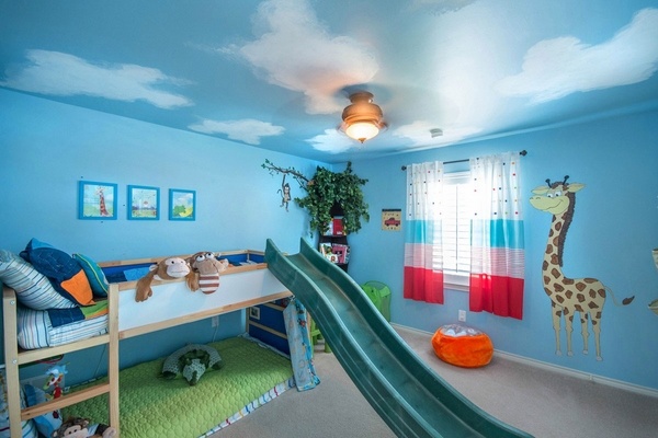 sky ceiling kids decorating ideas bunk bed with slide